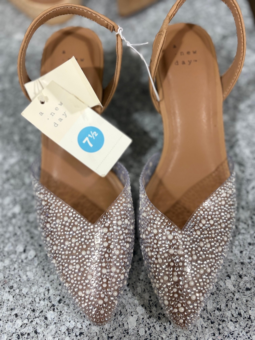 a new day Pearl-Studded Tan Pointed Slingback Flats